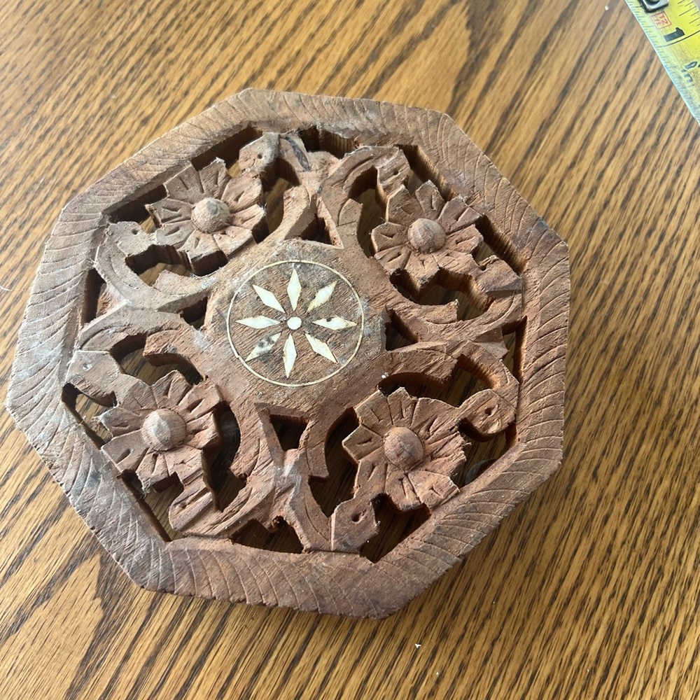 Intricate Carved Wooden Trivet. From India imported.